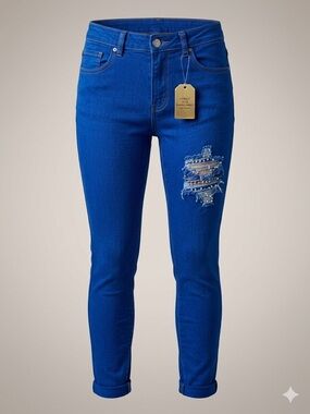 Girls' Royal Blue Distressed Skinny Jeans with Embellished Patch